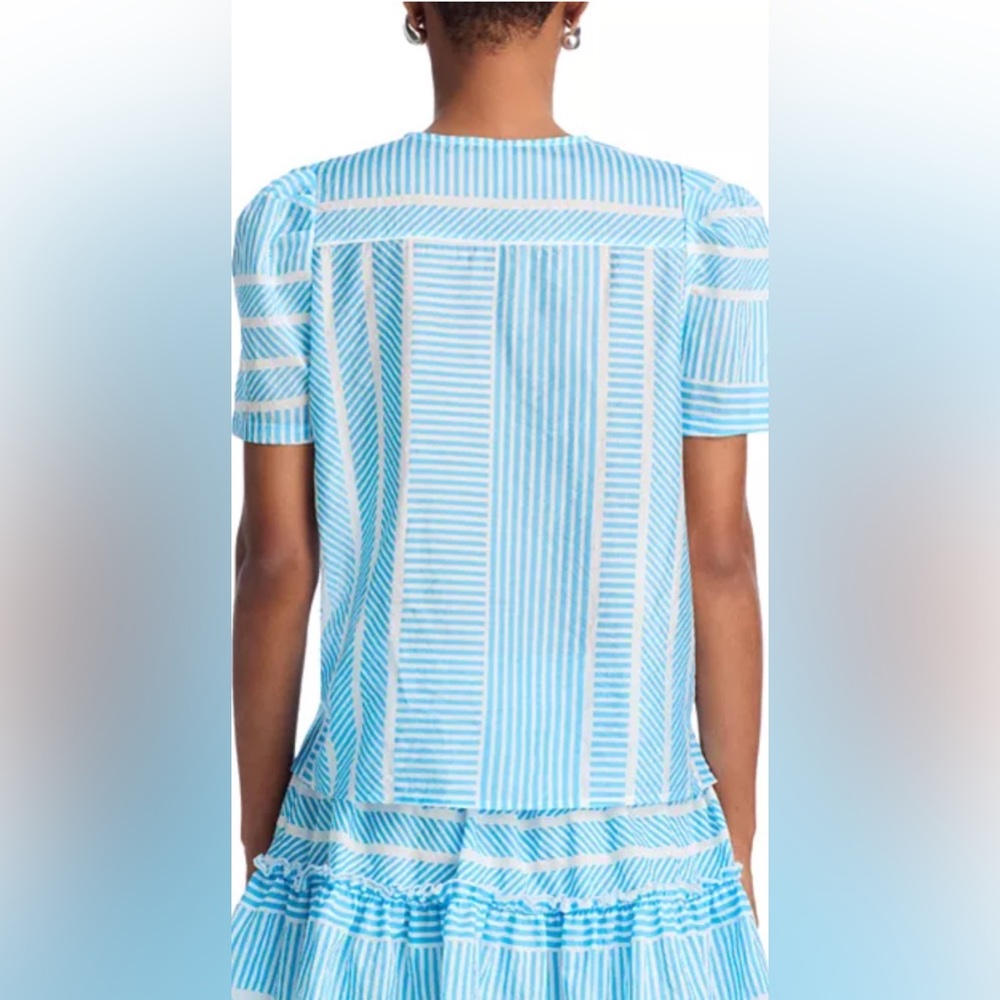 Aqua Sky Blue Patterned V Neck Blouse - Picture 2 of 5